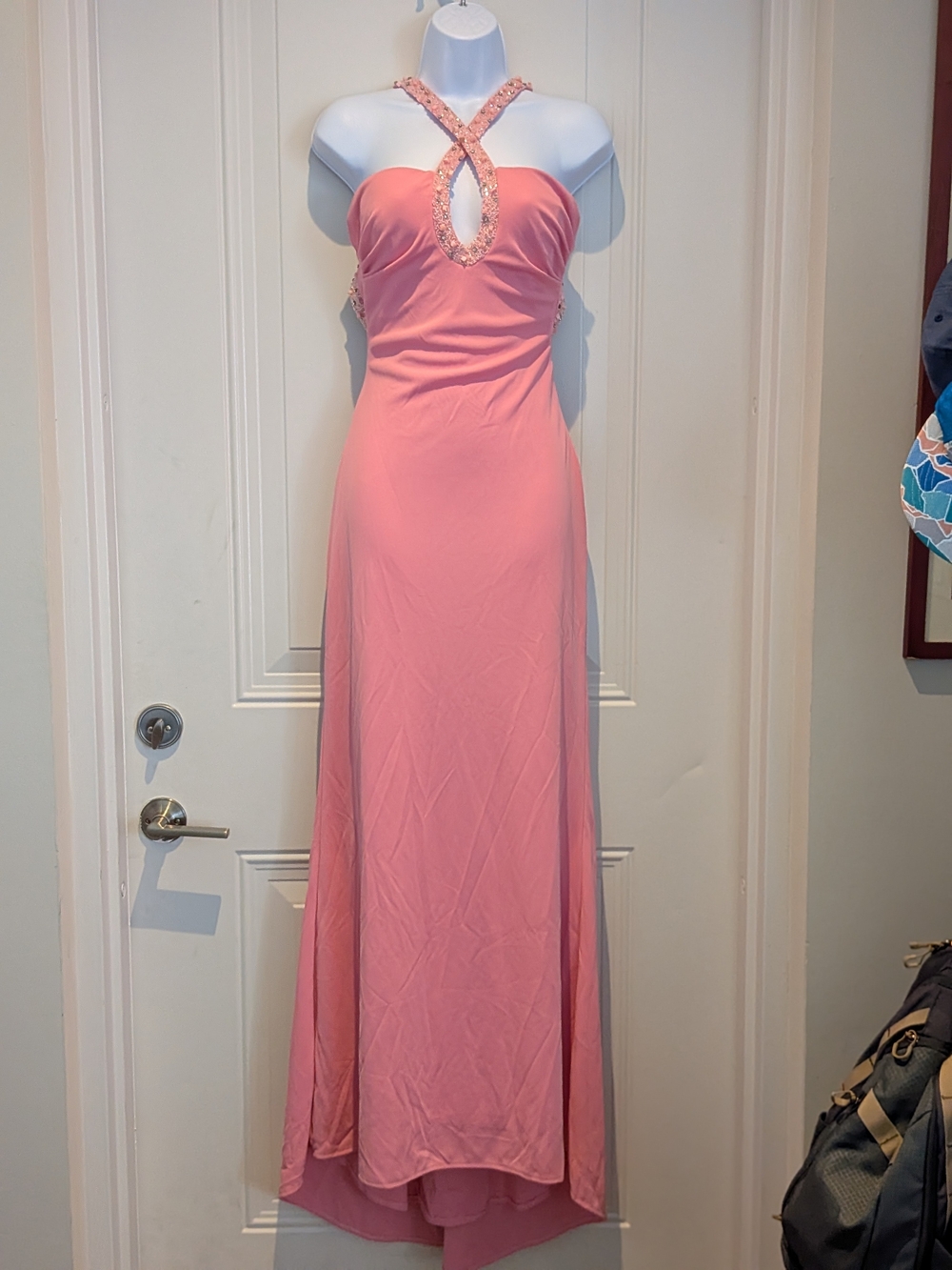 Mon Cheri Rose Pink Halter Prom Gown